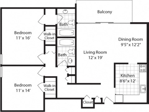 2  Bed   2  Bath   1,232 Sq. Ft. THE ARMSTRONG (w/Balcony) Floor plan at The Langston Views, Washington, 20020